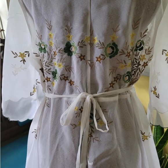 Vintage, 1960s, Junket Gown. Sheer floral embroidery, butterfly sleeves. US14. - Picture 5 of 7